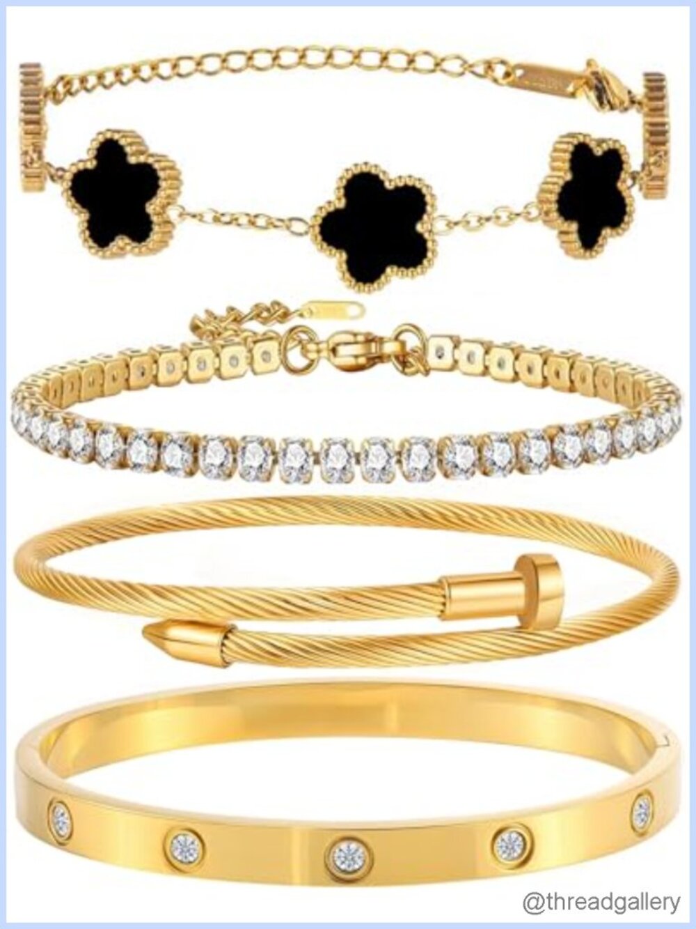 18K Gold Plated Bangle Set Stackable Floral Tennis Adjustable Non Tarnish Gift